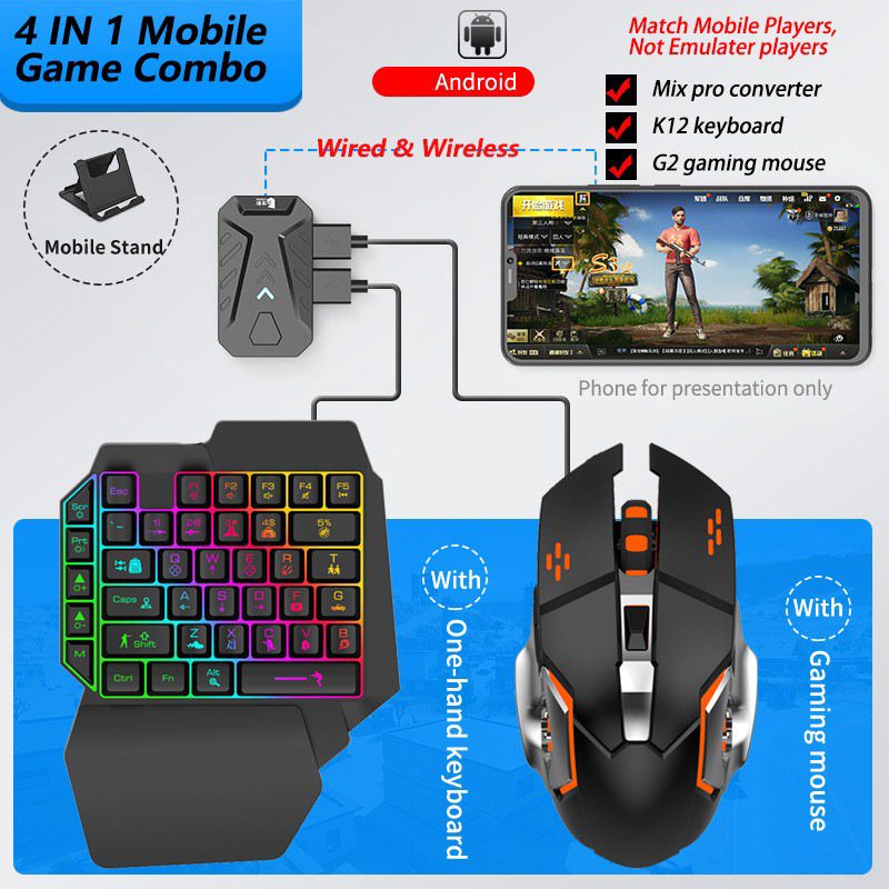 Gaming Keyboard And Mouse Converter For Mobile - Handy-Spiele-Konverter, Gaming-Tastatur und Maus-Set, One-Hand-Gamer-Tastatur-Controller, Bluetooth,